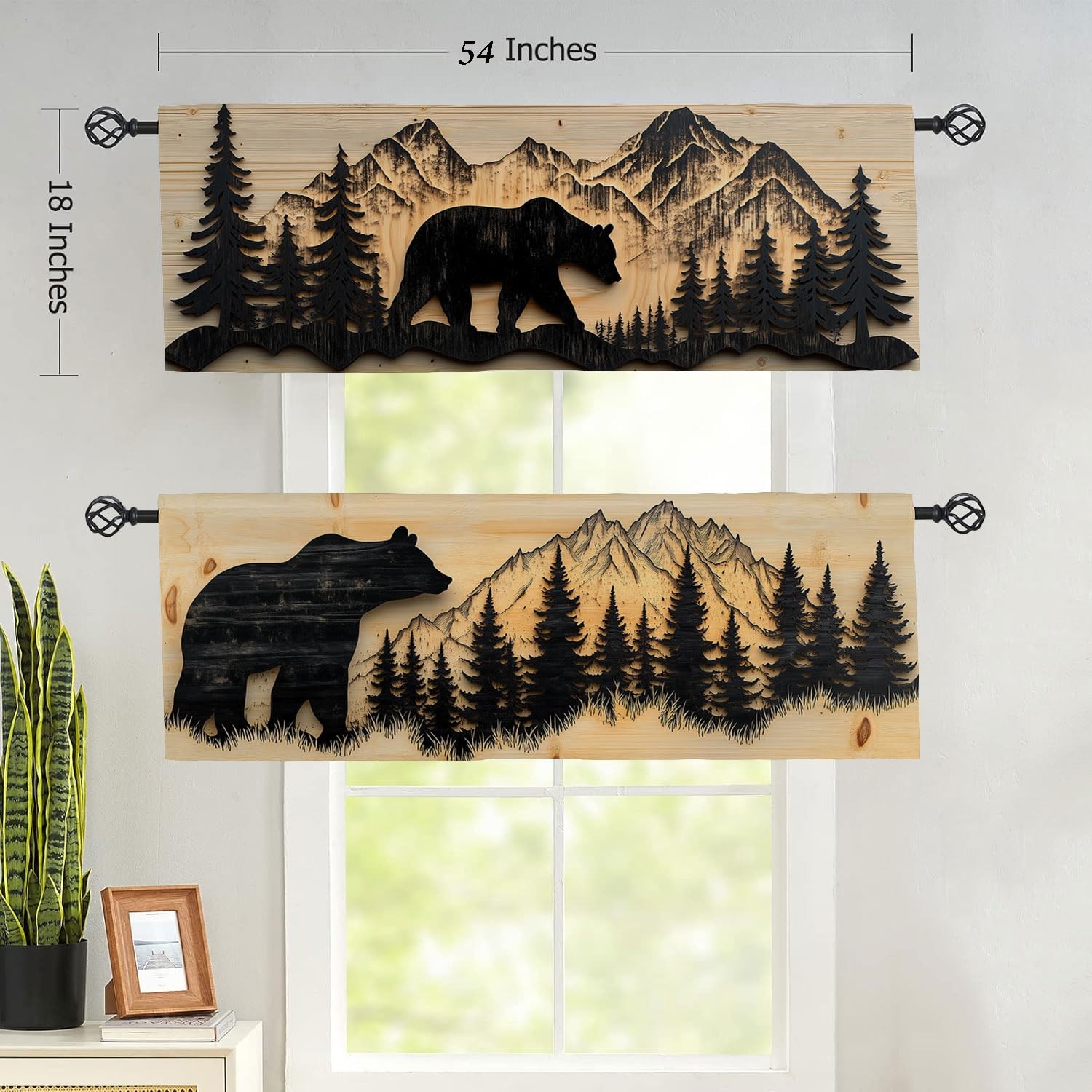 Rustic Lodge Cabin Bear Farmhouse Valance Curtain For Kitchen Windows 2PK 54×18″