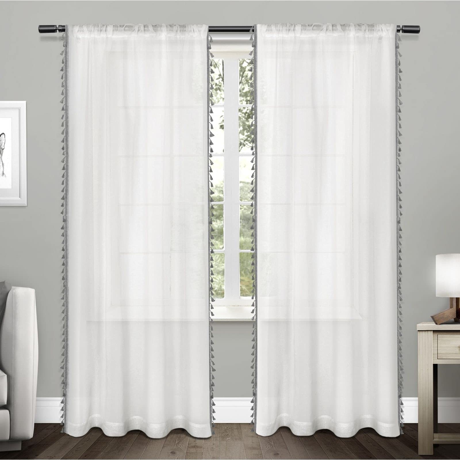 EXCLUSIVE HOME Tassels Embellished Sheer Rod Pocket Curtain Panel Pair, 54″x96″