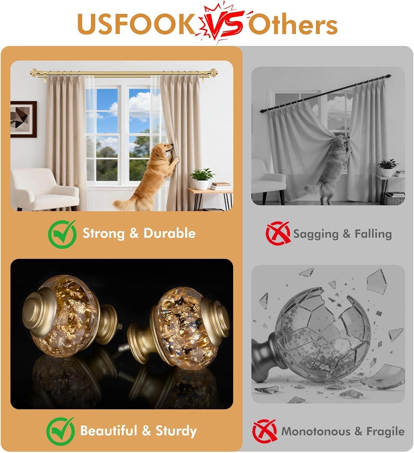 Luxury Gold Double Curtain Rods 36-72” with Crystal Finials, Eco-Friendly Design