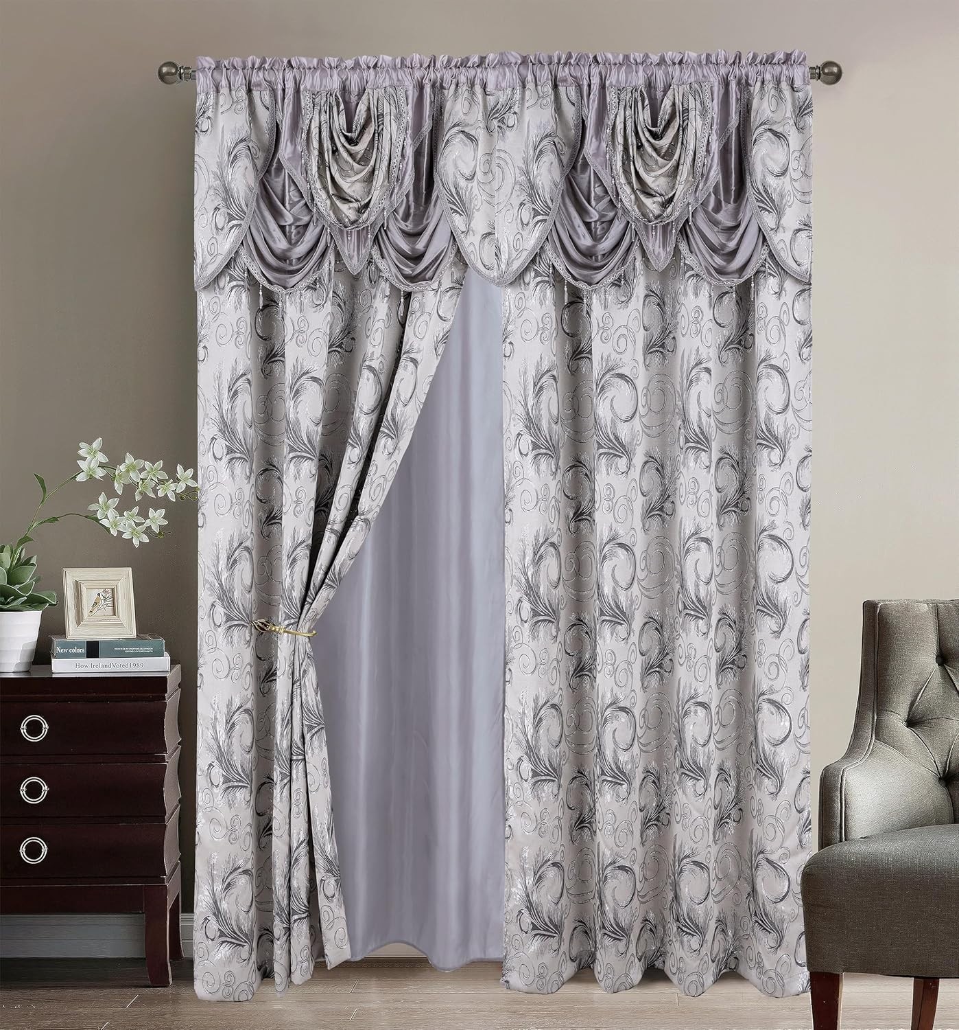 Silver Gray Jacquard Curtain Panel Set 54X84 inches with Tie Back and Valance