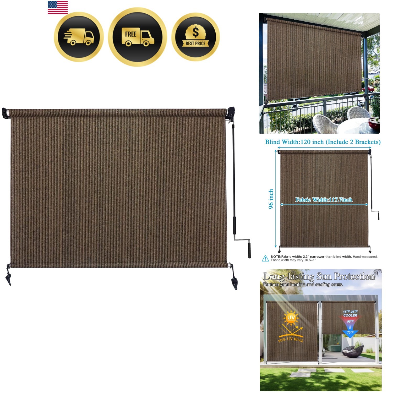 Outdoor Roller Shades 10’W X 8’H, Exterior Cordless Patio Shades Roll Up Outd…