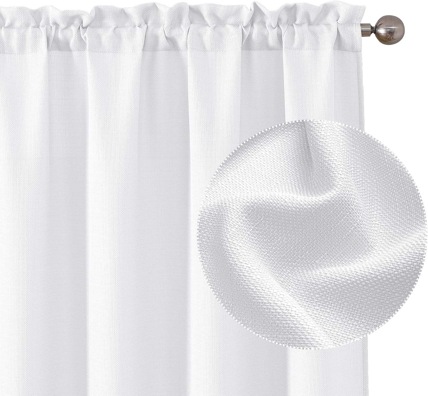 White Curtains 90 Inch Length 2 Panels Set, Faux Linen Textured Semi Sheer Light