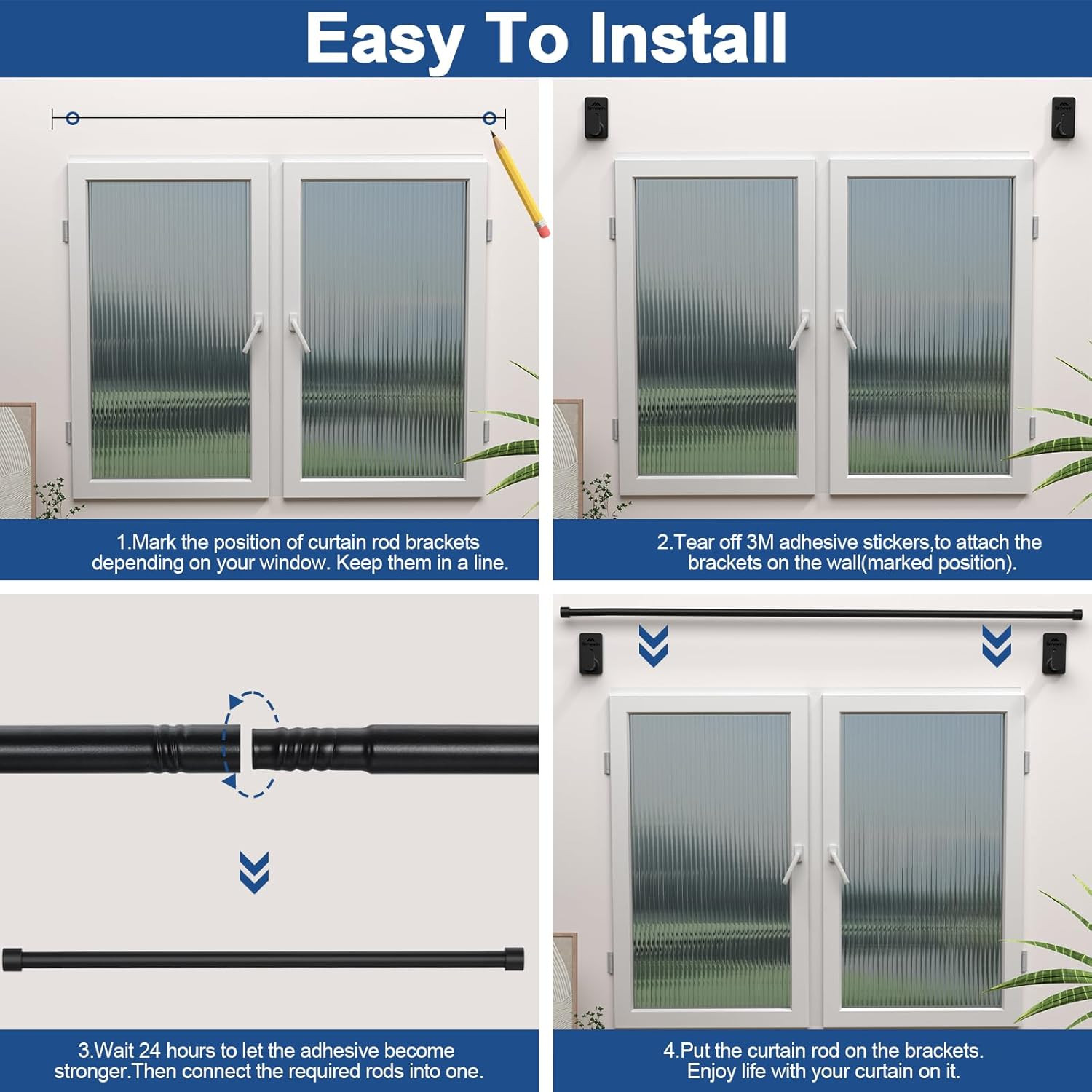 Curtain Rods No Drilling for Windows 30 to 45 Inches,5/8 Inch Diameter No Drill