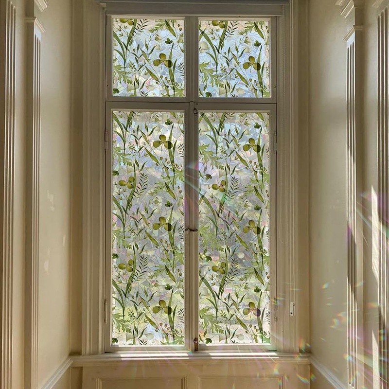 Rainbow Window Film Static Cling Nature Leaf Pattern Sunlight Privacy Decor New