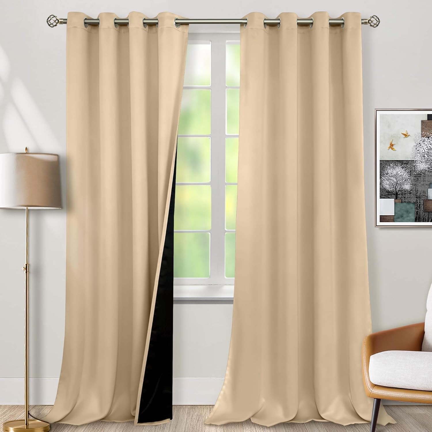 BGment 100% Blackout Curtains 108in Long 2 Panles Set, Thermal Insulated Beige