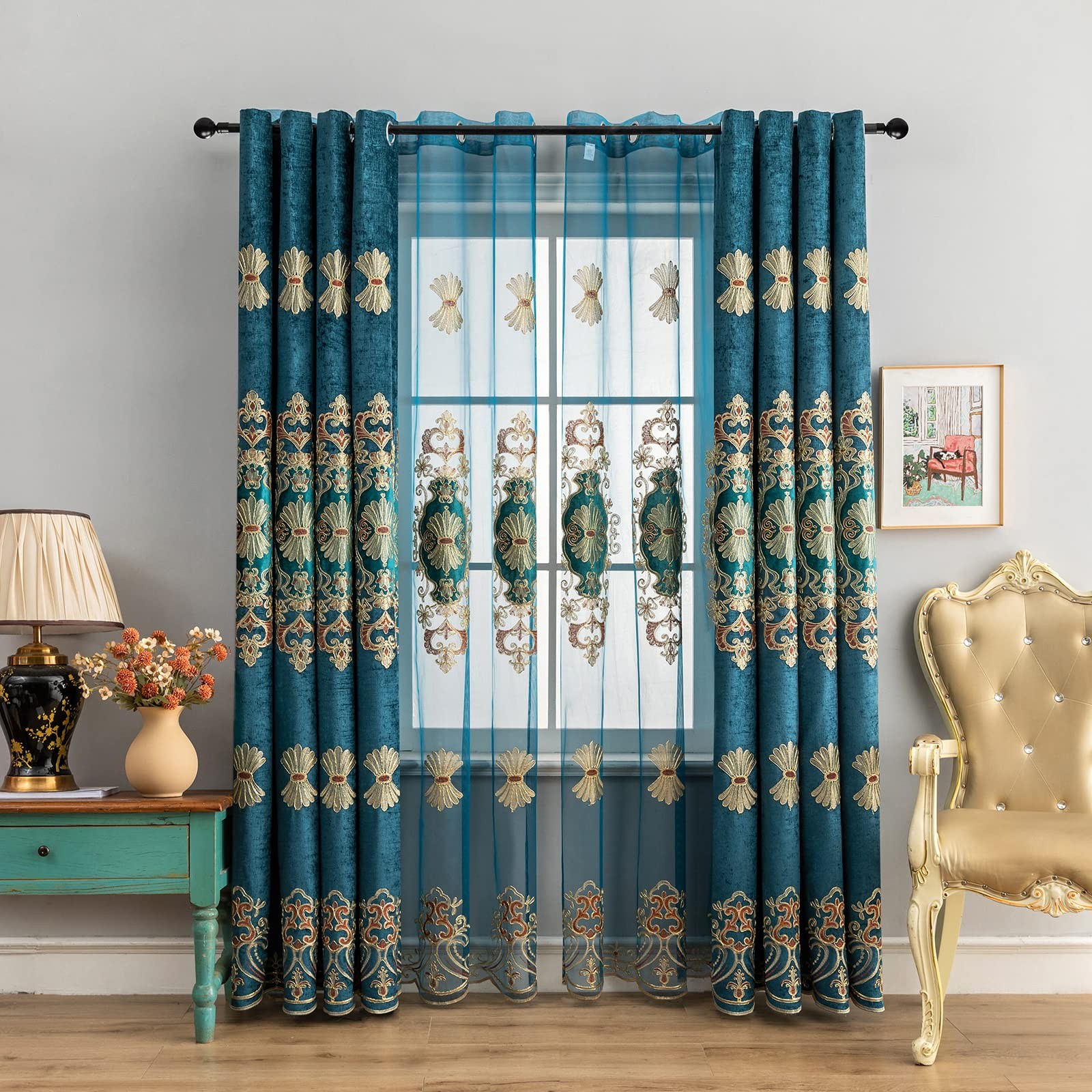 Classical Embroidered Sheer Curtain for Living Room Luxury European Style Pea…