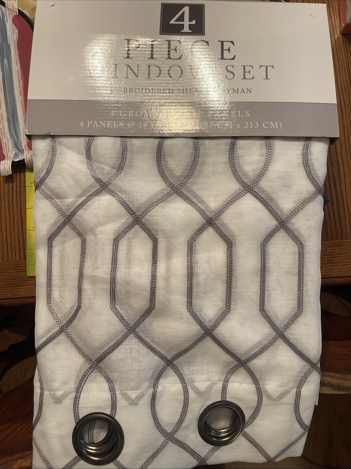 4 Piece Window Curtain Set 4-piece Grommet Set Long Embroidered, Gray Pattern