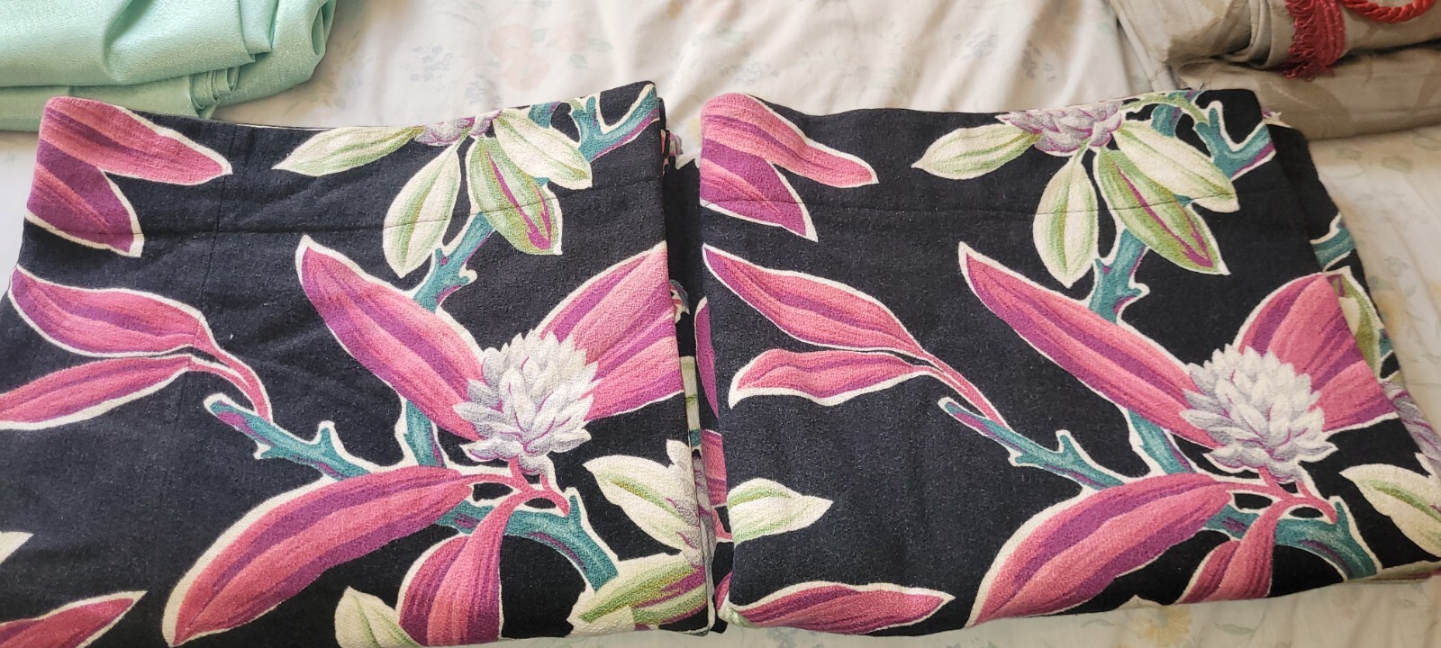 BARKCLOTH DRAPES COLORFUL PATTERN 2 PANEL 46W X L MADE IN USA VINTAGE
