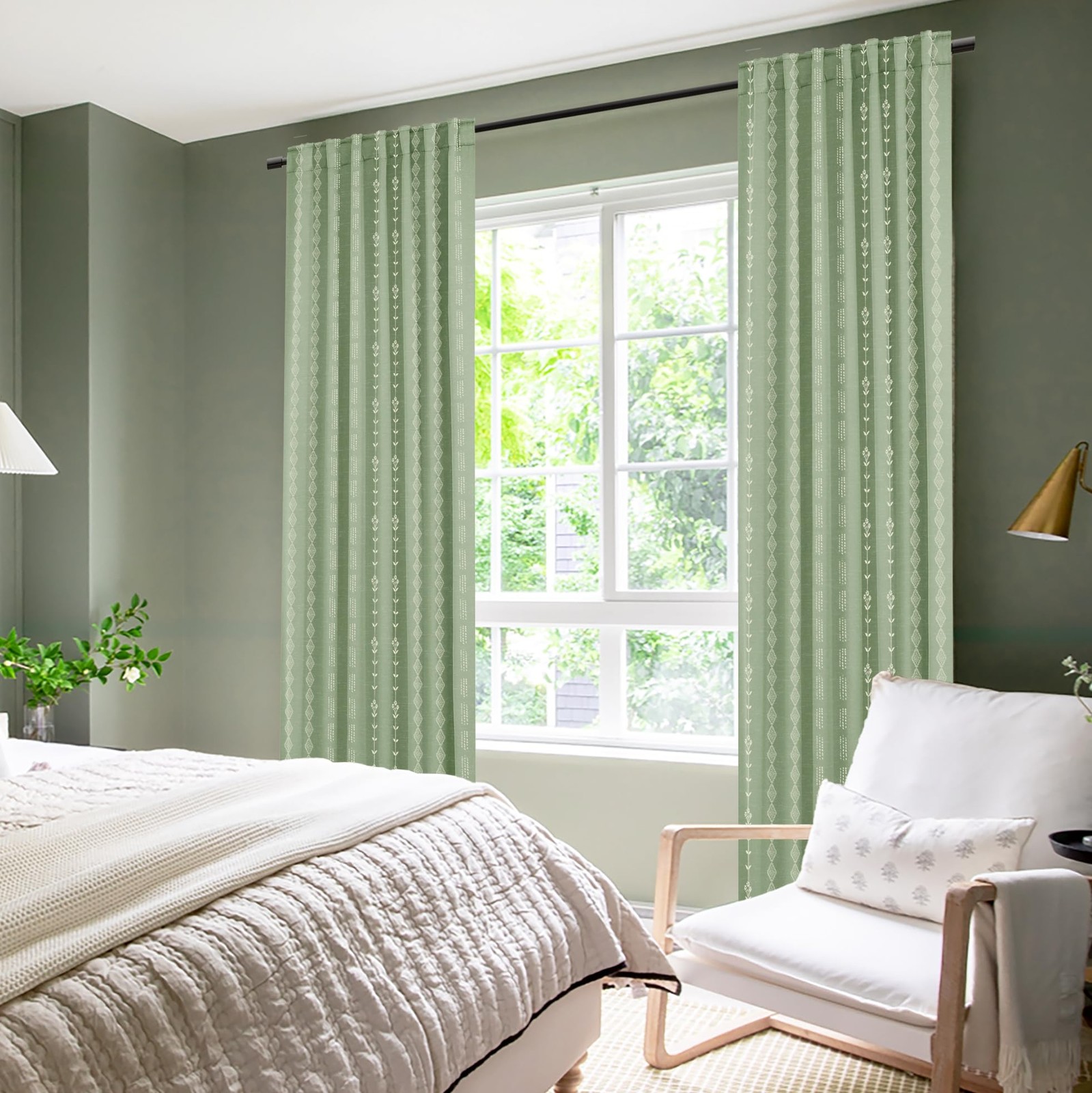 Lino Rosa Sage Green Botanical Patterned Curtains Boho Neutral Nursery Curtains