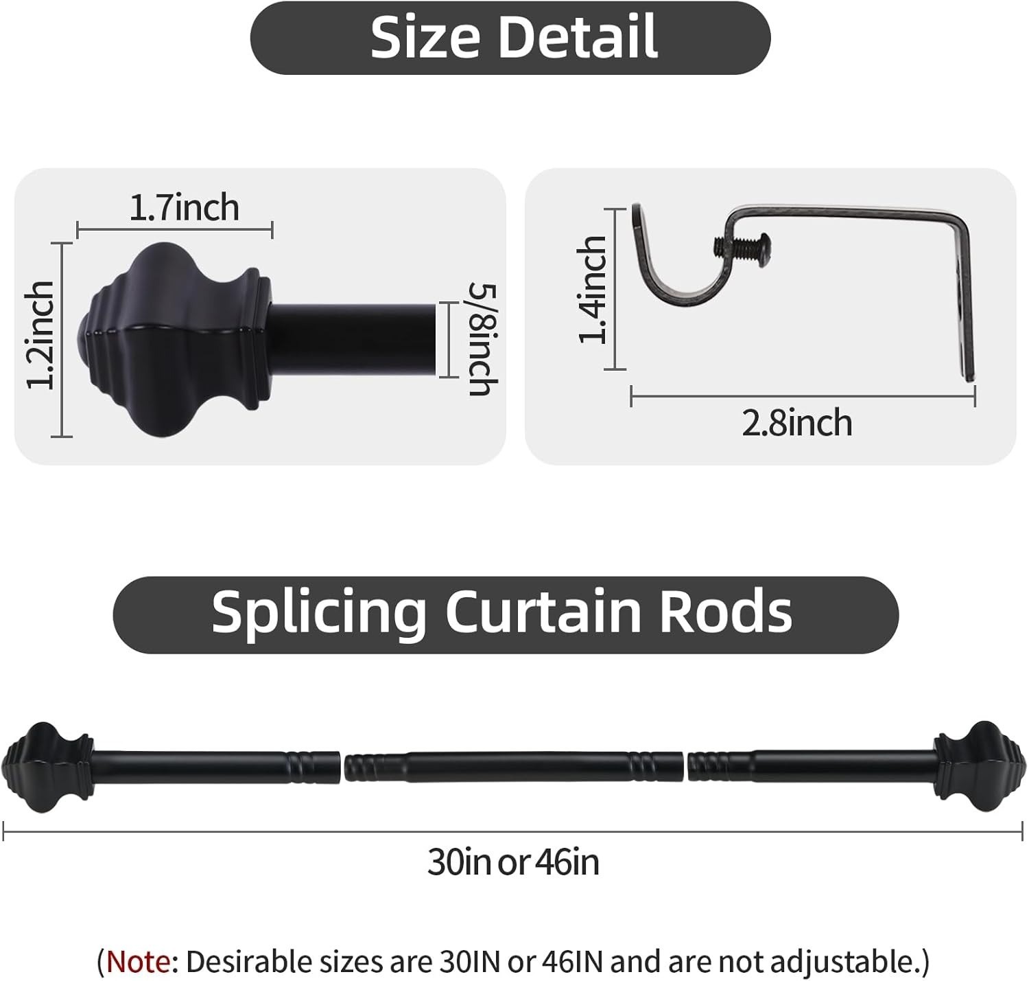 2pk Curtain Rods 30-46″ Small Window Hardware Set Stainless Steel 5/8″ Dia Black