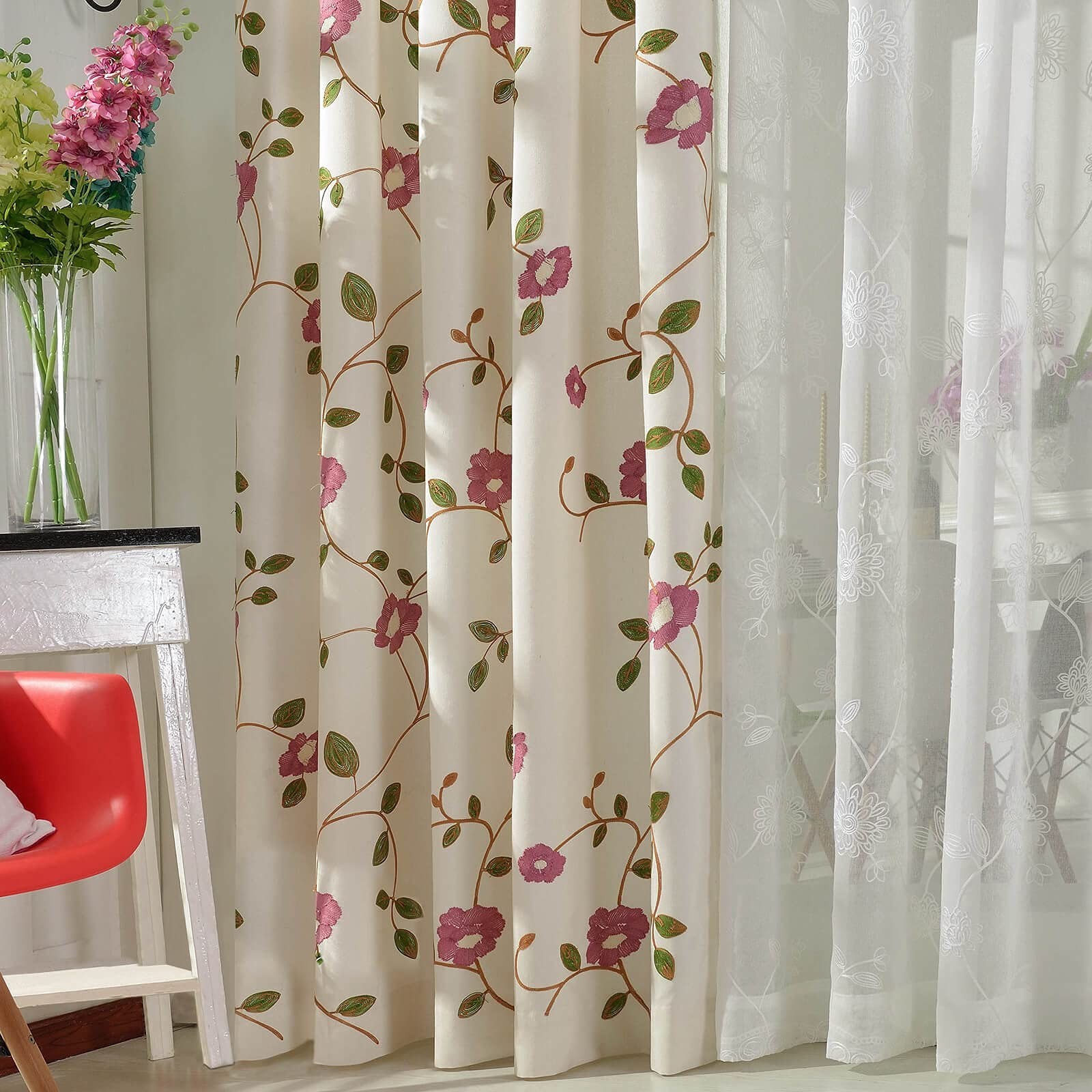 VOGOL Linen Textured 60% Room Darkening Curtains for Bedroom, Rural Style Flo…