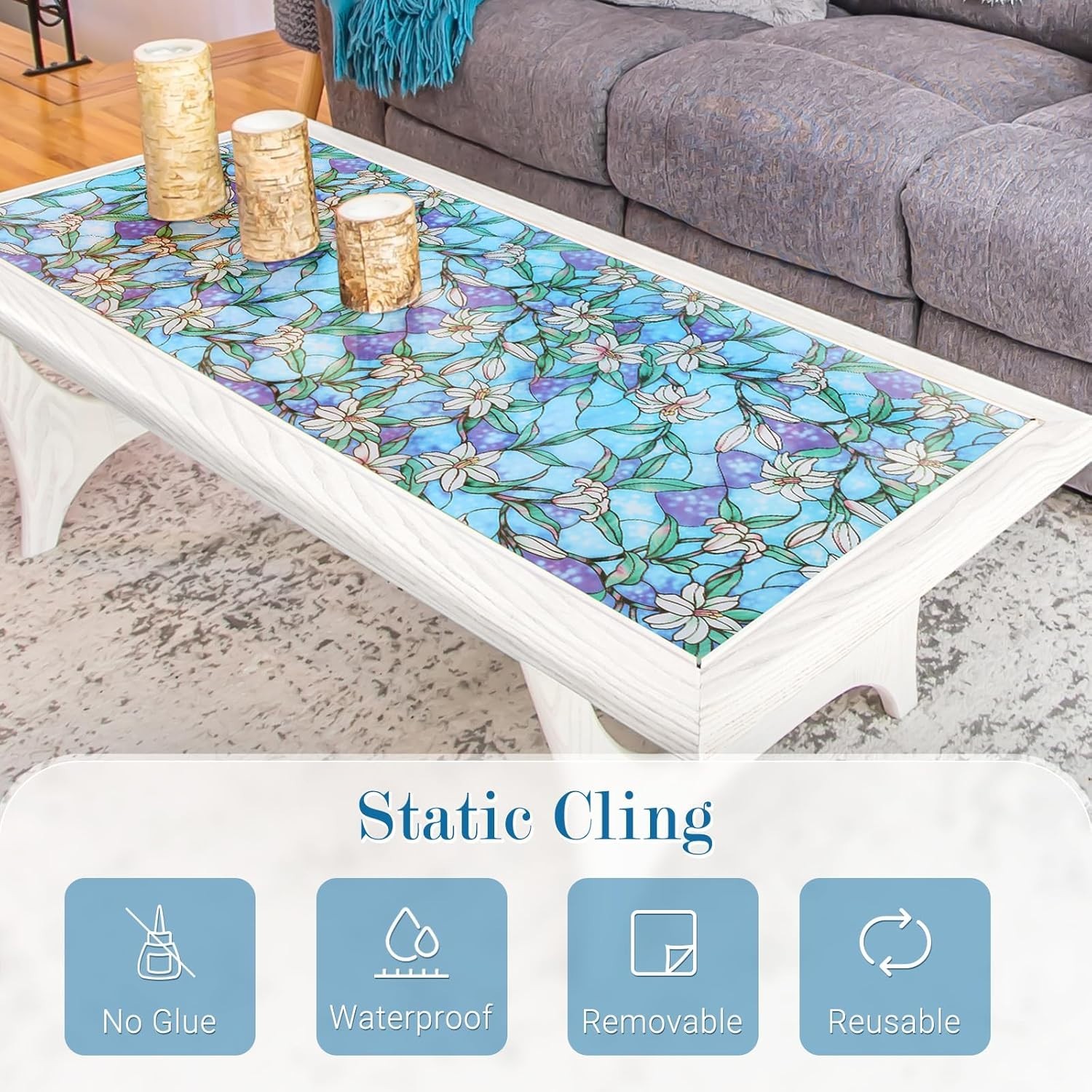 Decorative Static Cling Stained Glass Film – Blue Lily Design, UV Protection