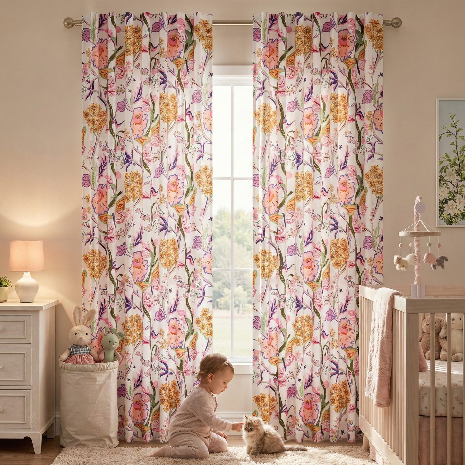 Nursery Curtains Pink Butterfly Floral Drapes for Girls Room, 84 Inch Length,…