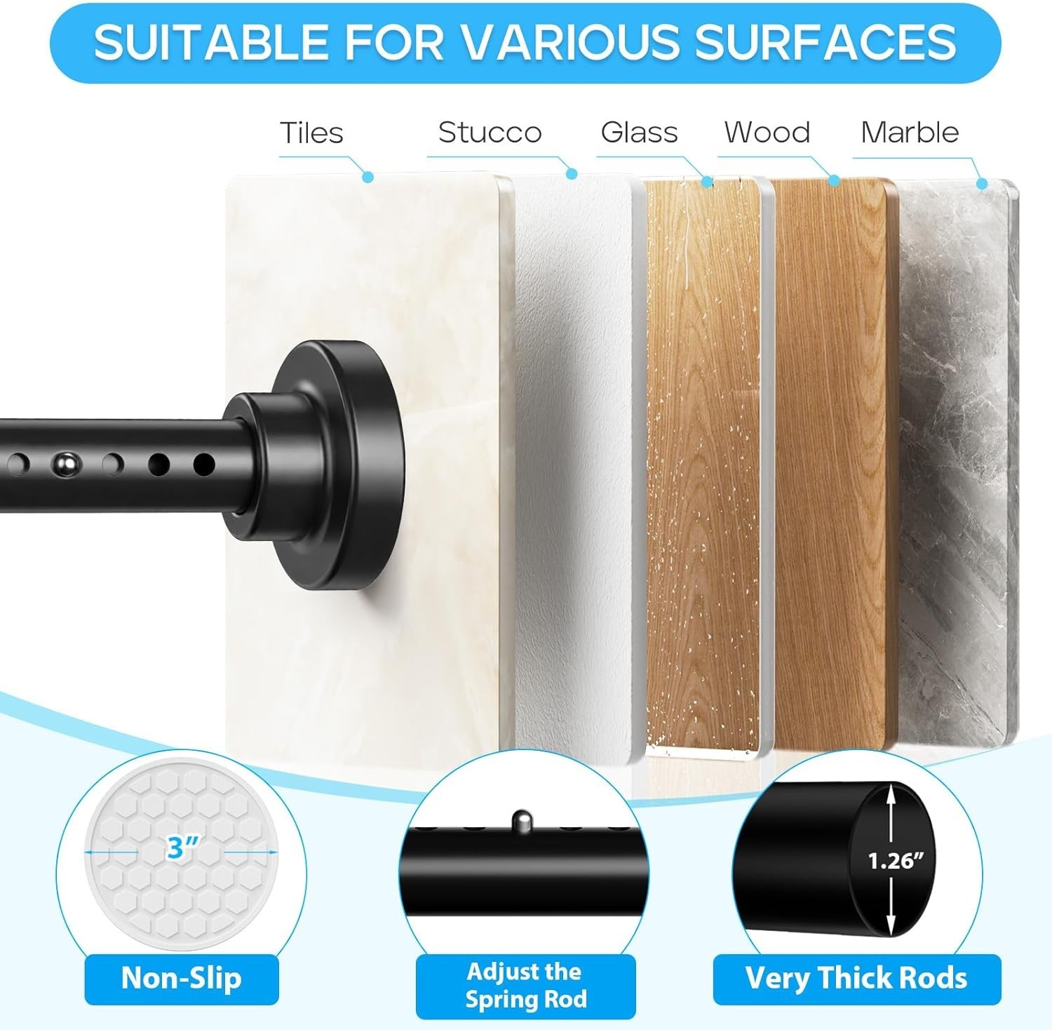 Spring-Loaded Black Tension Rod 40 to 183 Inch – Hassle-Free Curtain Solution