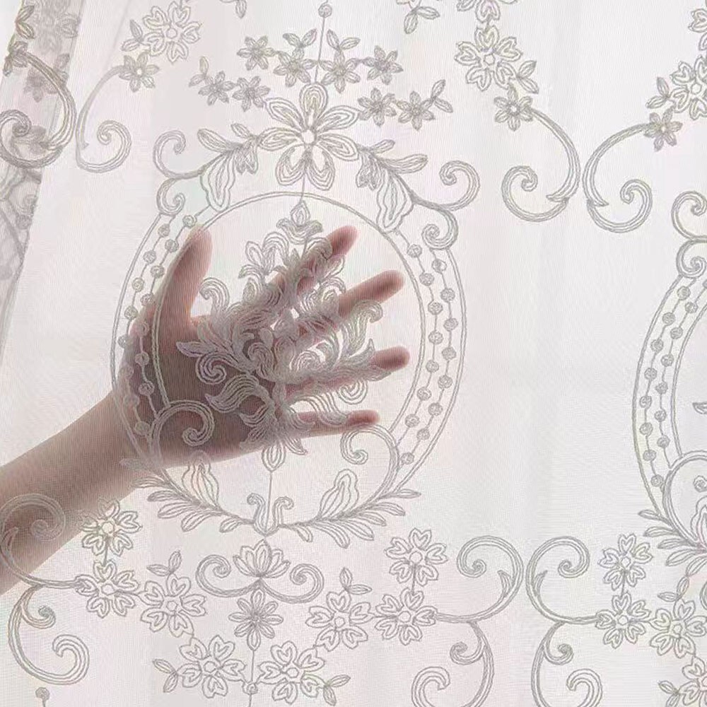 White Embroidery Floral Sheer Curtains Voile Drapes Panels Grommet Top Bedroom