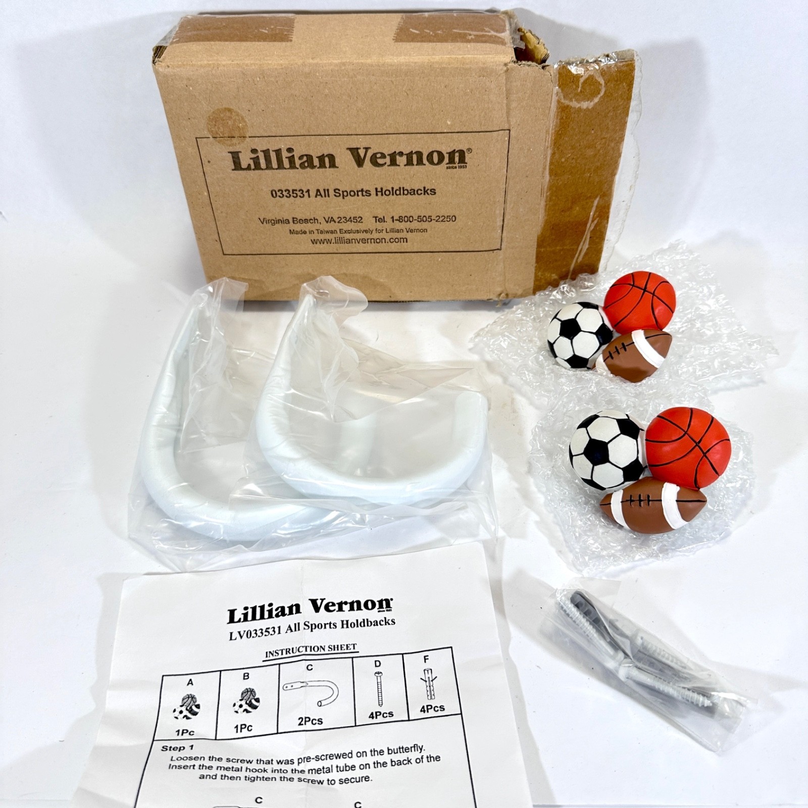Lillian Vernon Ceramic All Sports Curtain Holdbacks Wall Mount 2-Piece Set – New