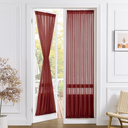 Sheer Door Curtain Closet Linen Textured Curtains 54″W x 72″L Burgundy Red