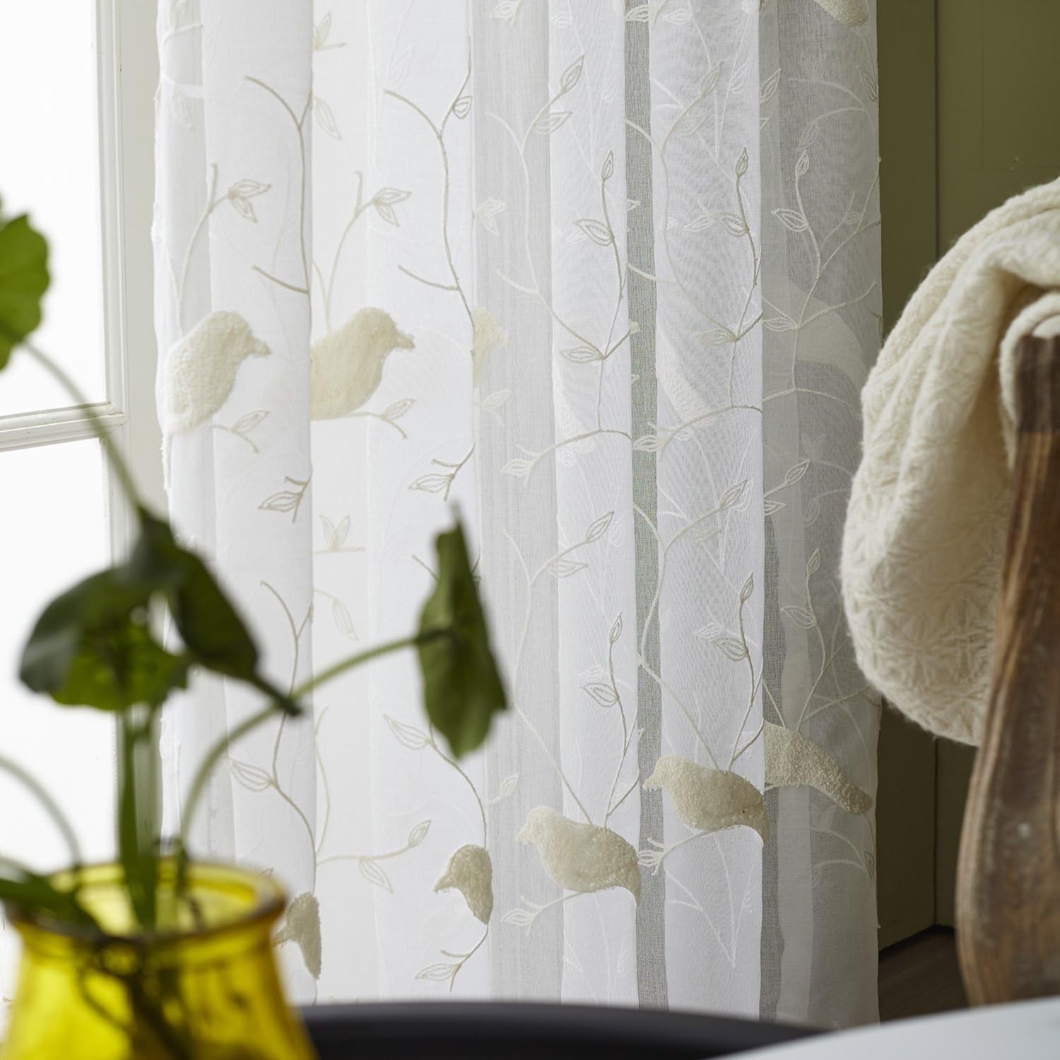 Rod Pocket Sheer Curtains Elegant Embroidered Bird Design White Window Drapes…