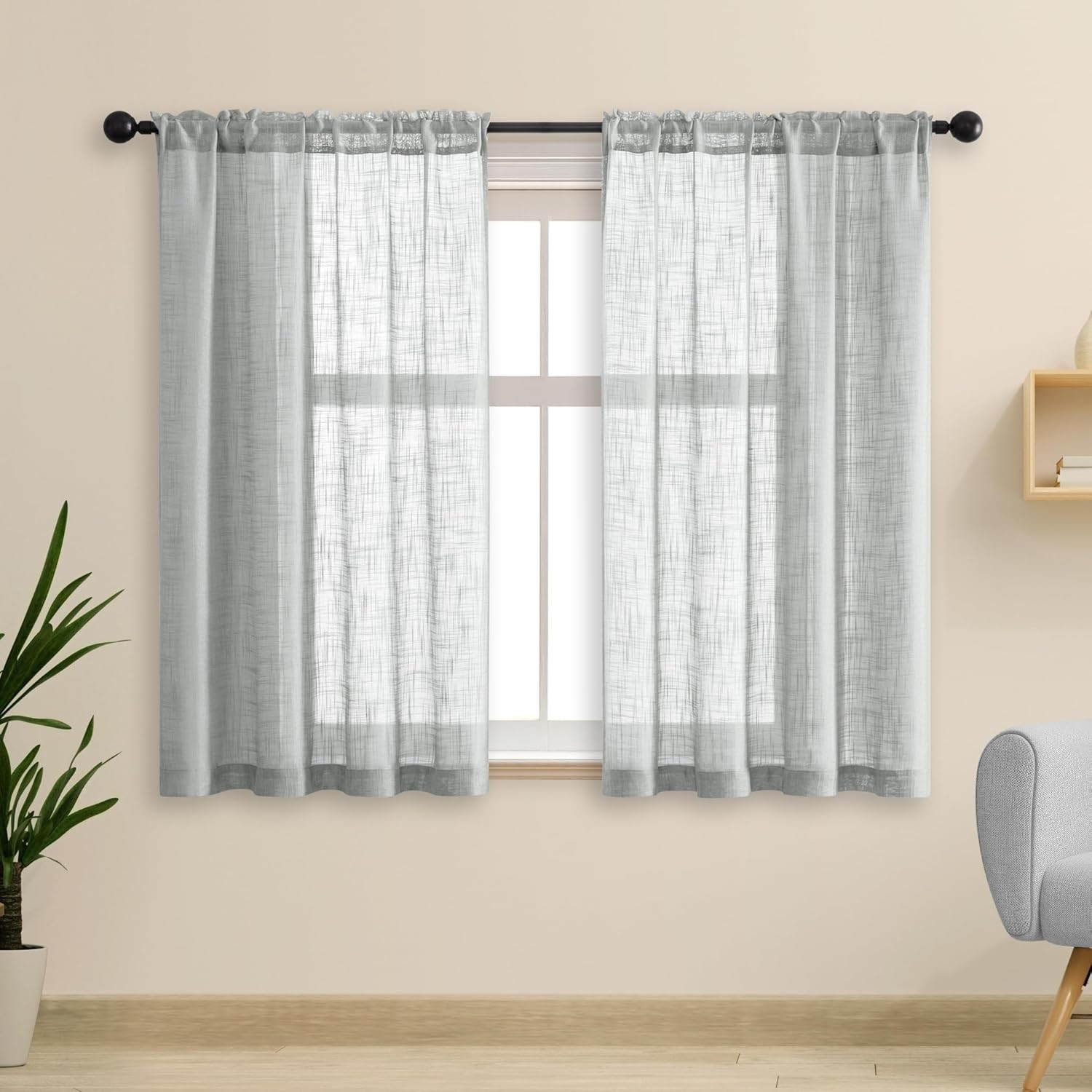 Grey Curtains 48 Inch Length for Bathroom Window 2 Panels,Semi Sheer Rod Pocket