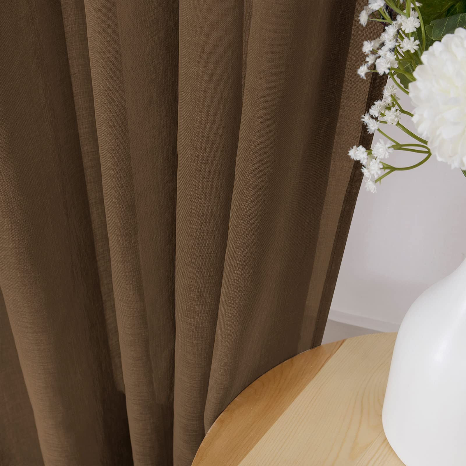 Tollpiz Short Sheer Curtains Linen Textured 54″W x 45″L (Pack of 2), Brown