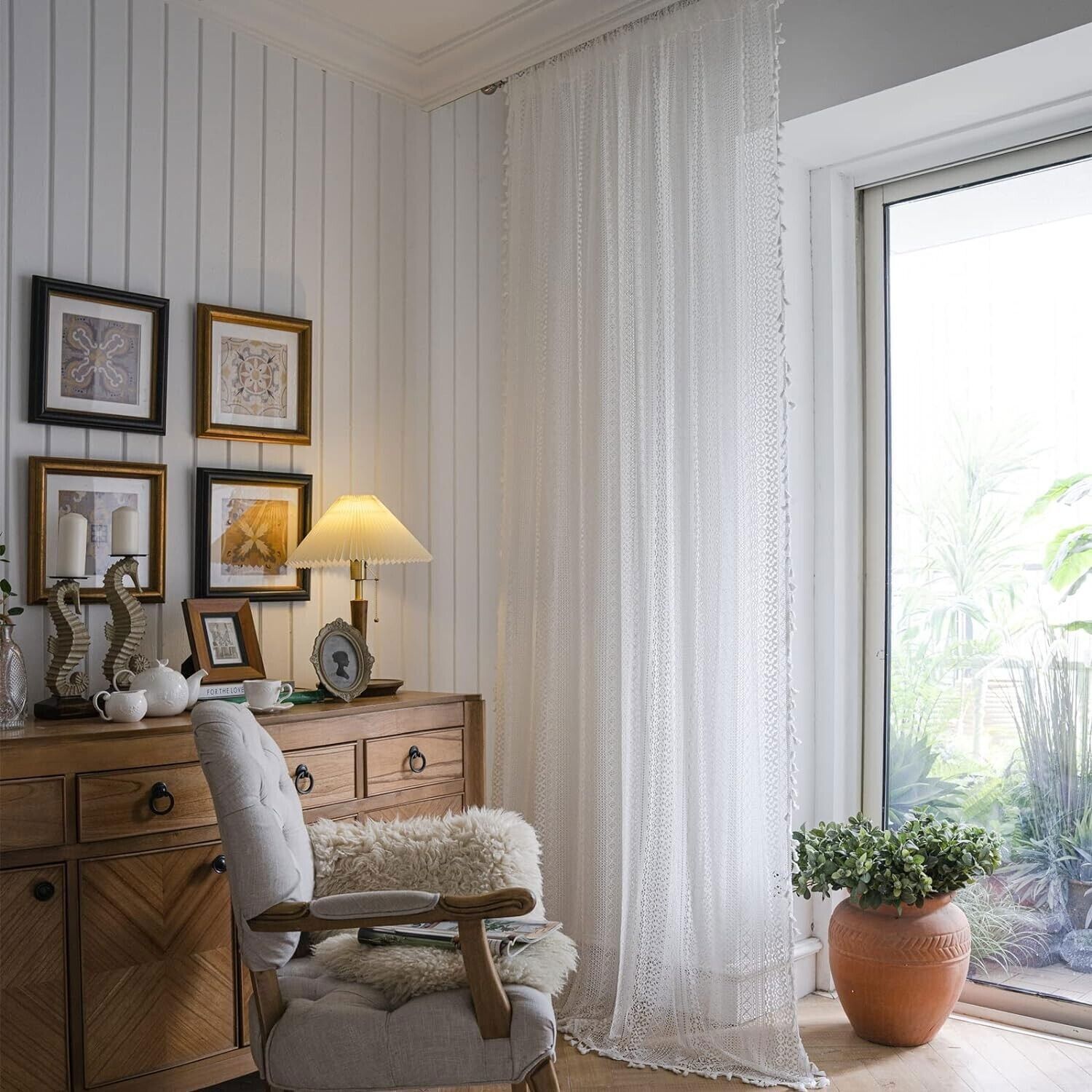 Crochet Lace Curtain Panels Window Drapes Bedroom Living Room Rod Pocket Rustic