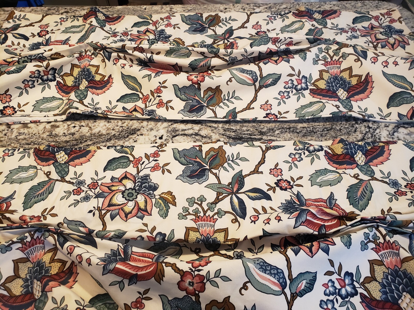 Set of 2 Jacobean gathered lined valances 100% cotton USA navy, green, rose