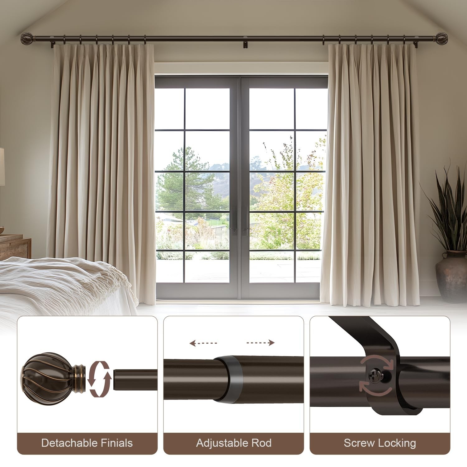 Lootkell Brown Curtain Rods for Windows 72 to 144 Inches Adjustable Length He…
