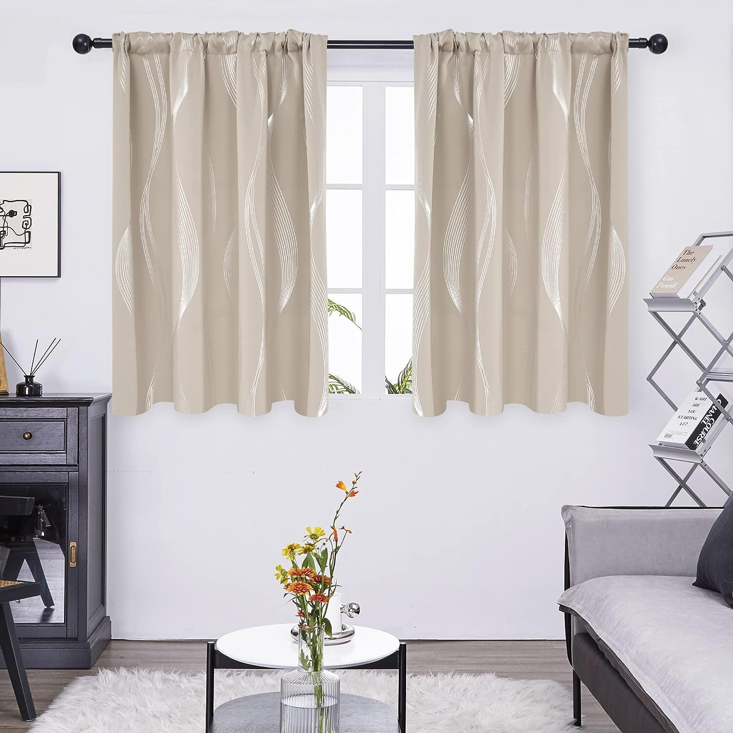 Deconovo Total Blackout Curtains 52″L x 45″W 2 Panels (Light Beige/Silver) Drape