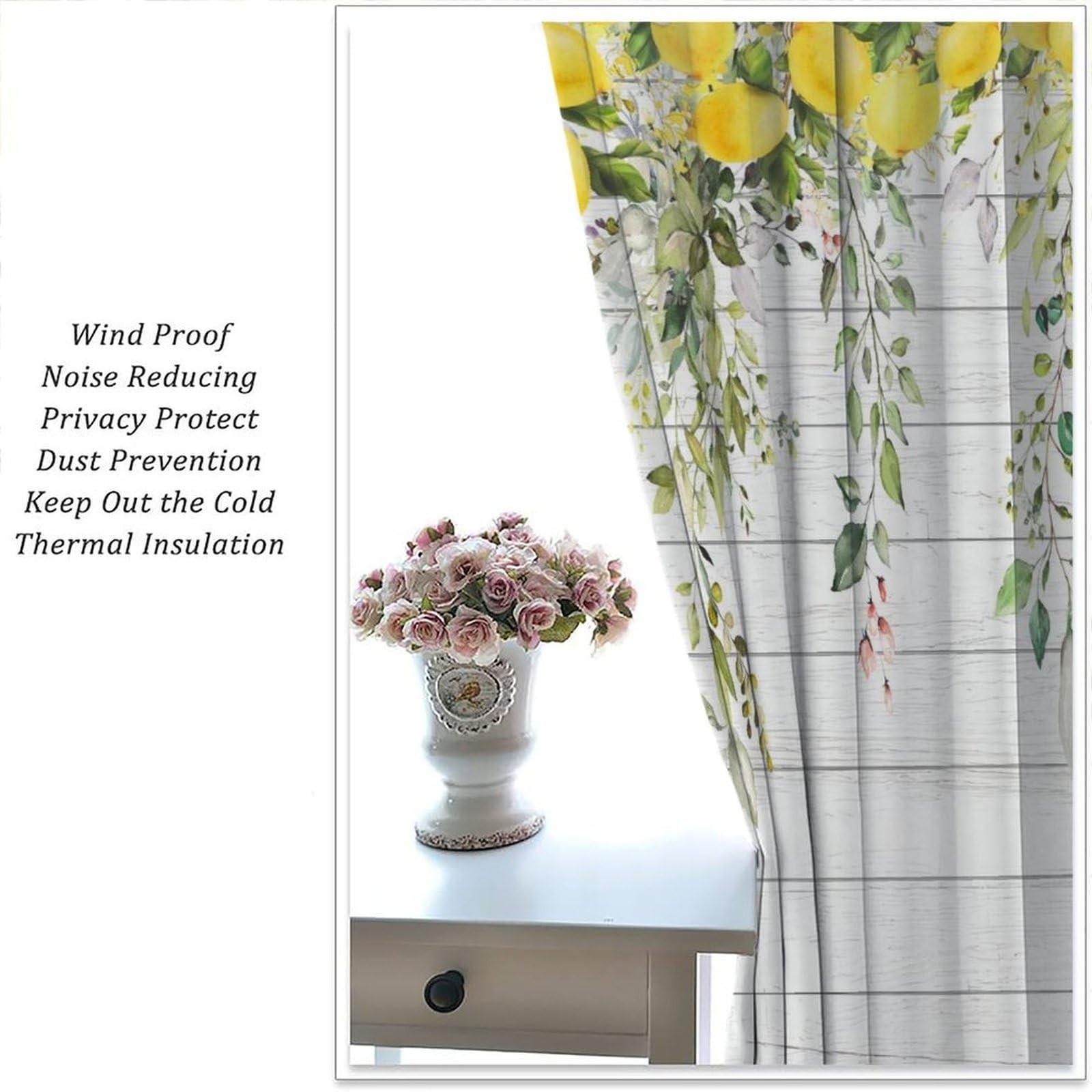 Lemon Curtains, Spring Floral Leaf Eucalyptus Leaves Yellow Farmhouse Wooden …