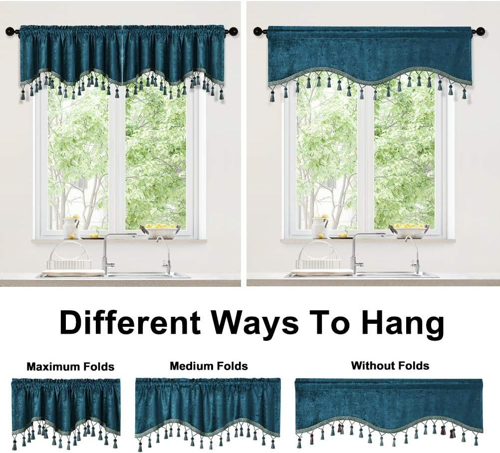 Double-Sided Chenille Window Curtains Tier for Kitchen Peacock Blue Scalloped Va