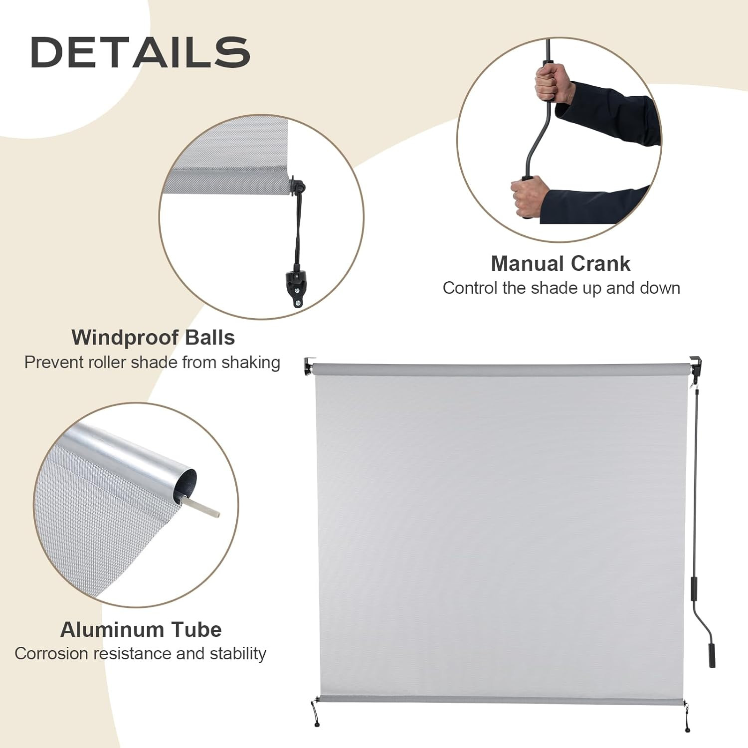 5% Openness Cordless Solar Fabric Roller Shade, 6’W X 8’H Sun Shade for Outdoor