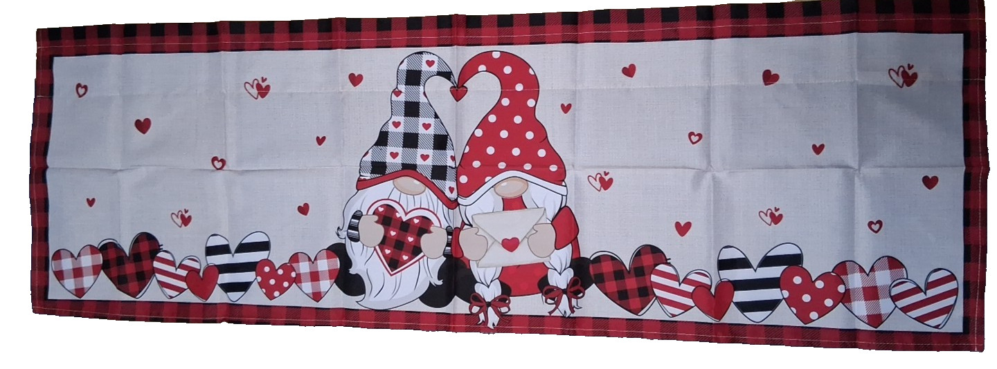 Gnome & Hearts Window Valance Curtain Red Black White Valentine 54″ x 17″