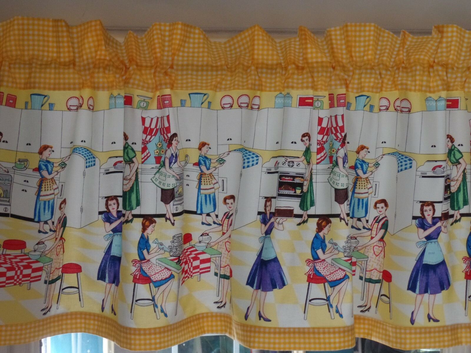 1950’s RETRO Kitchen Valances,Home Ec, Women Working In Aprons In Kitchen Yellow