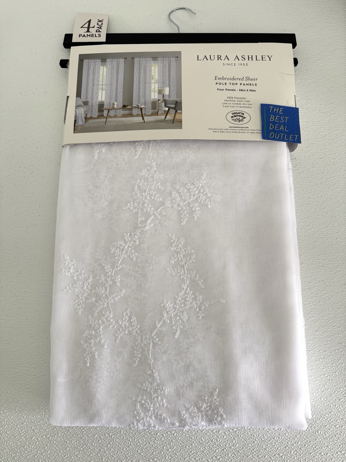 Laura Ashley Window Curtains 4 Panels 38 x 96″ Snow White Embroidered Sheer
