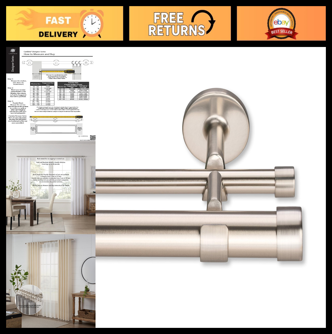 Premium 6ft Double Curtain Rod – 1-1/8″ Large Diameter, Seamless Design, Brushed