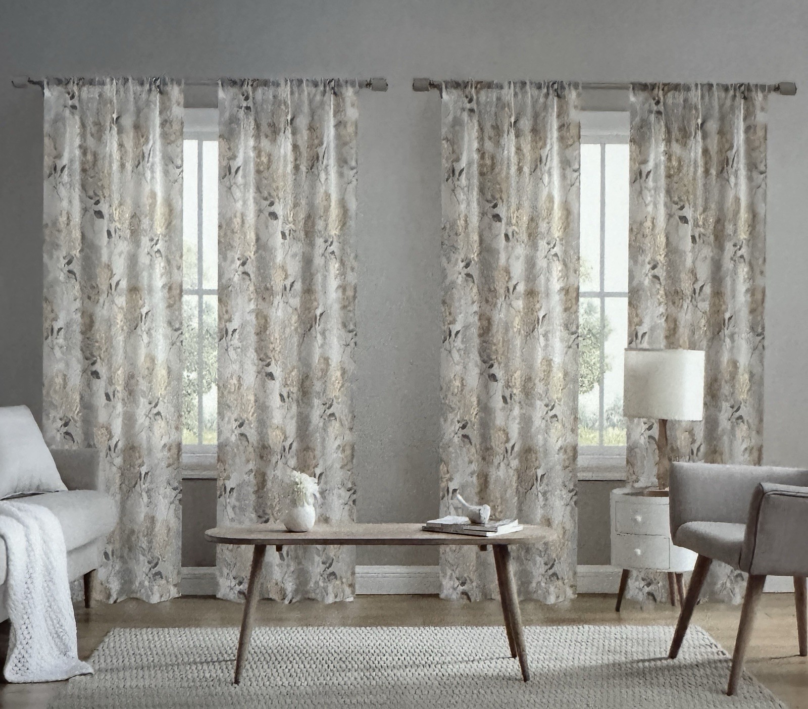 Laura Ashley Window Curtains 4 FOUR Panels 38 x 84 Gray Mustard Metallic Sheer