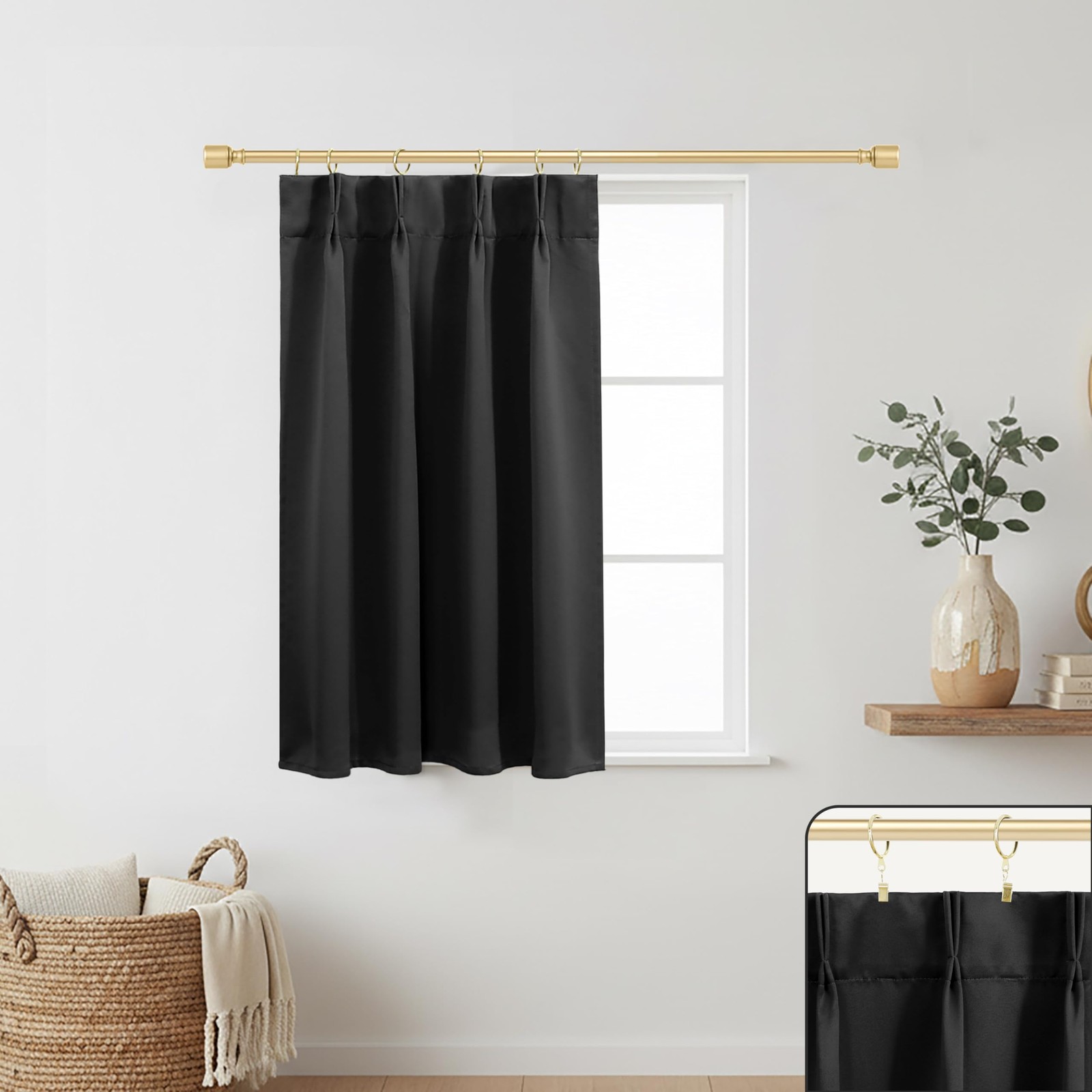 Small Window Curtains Single Panel, Pinch Pleated 36 Inch Blackout Thermal Sh