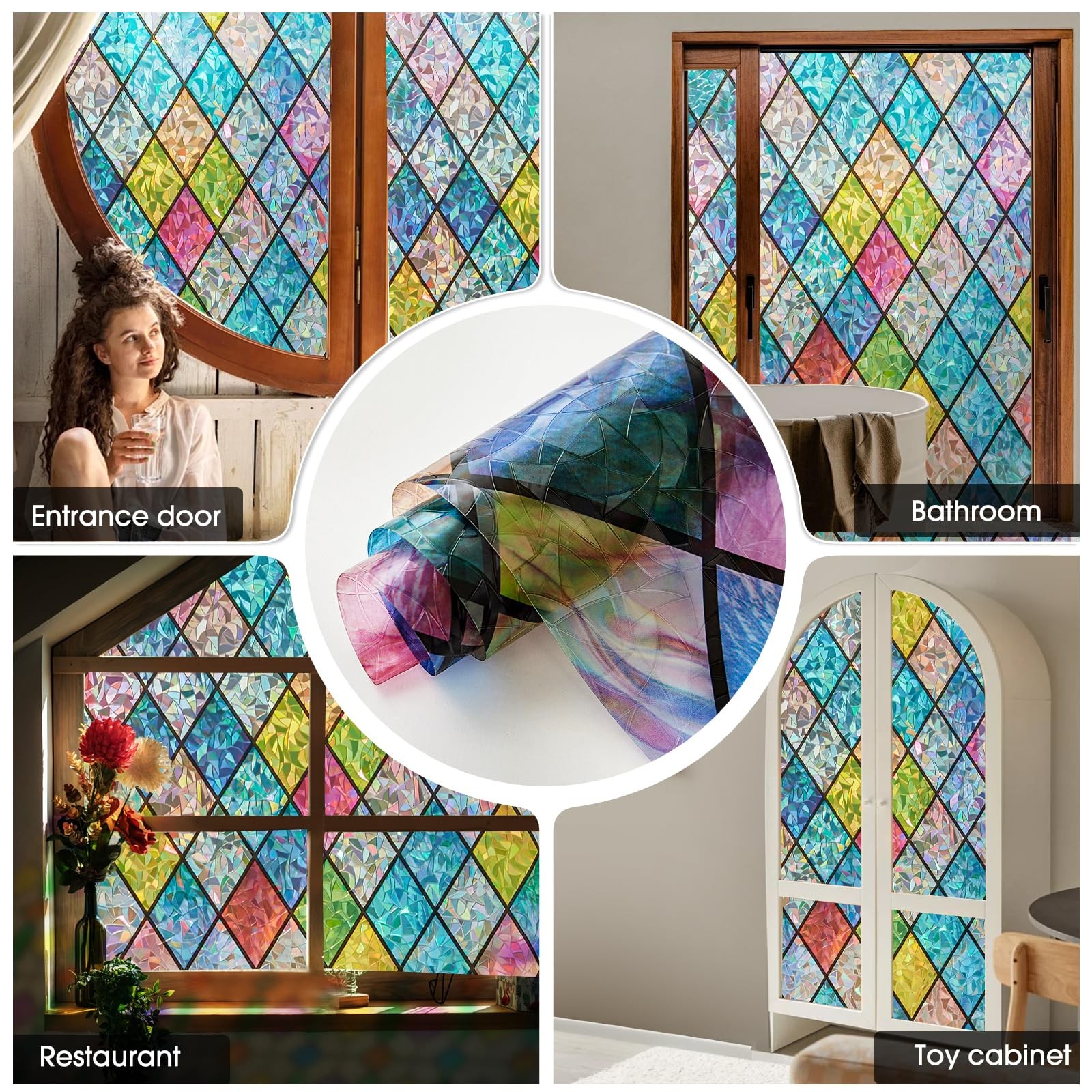 Window Privacy Film Stained Glass,Rainbow Window Film Decorative Peel and Stick
