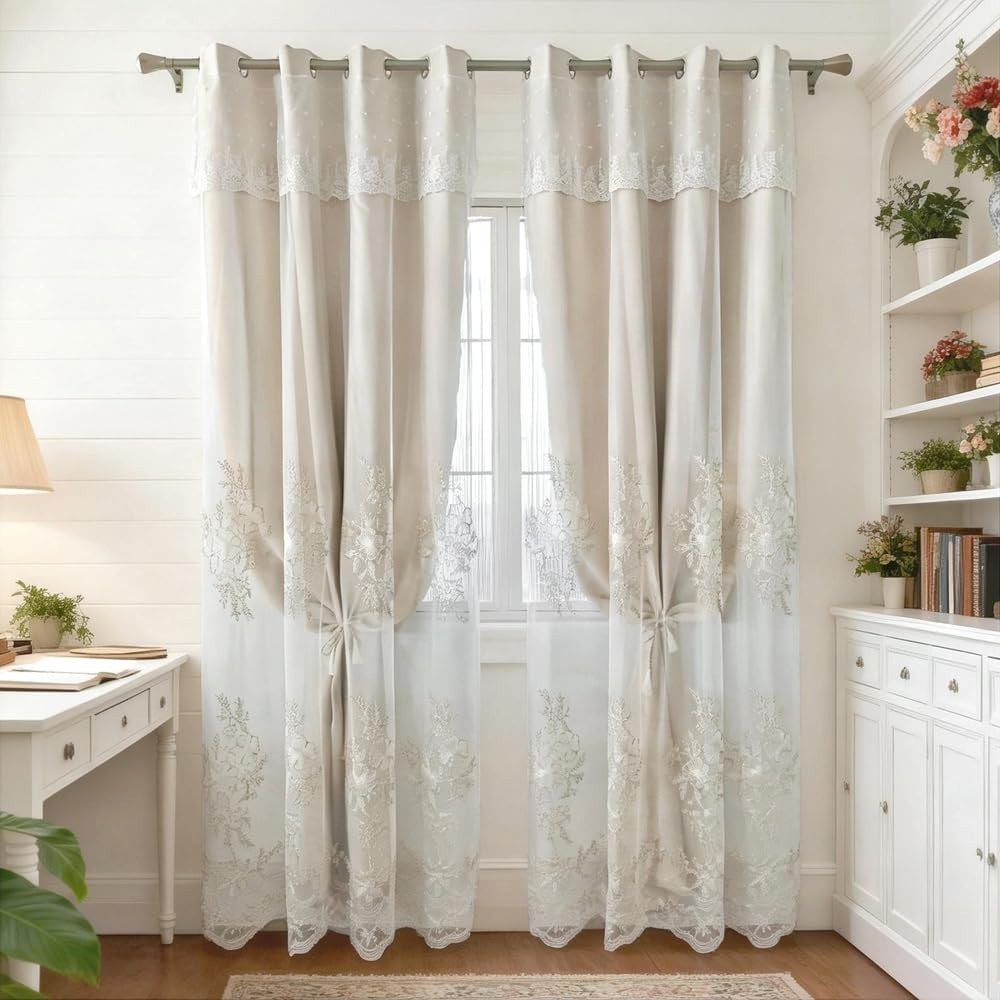 1 Pair European Double Layer Curtains Luxury Flower Embroidered Curtains for Liv