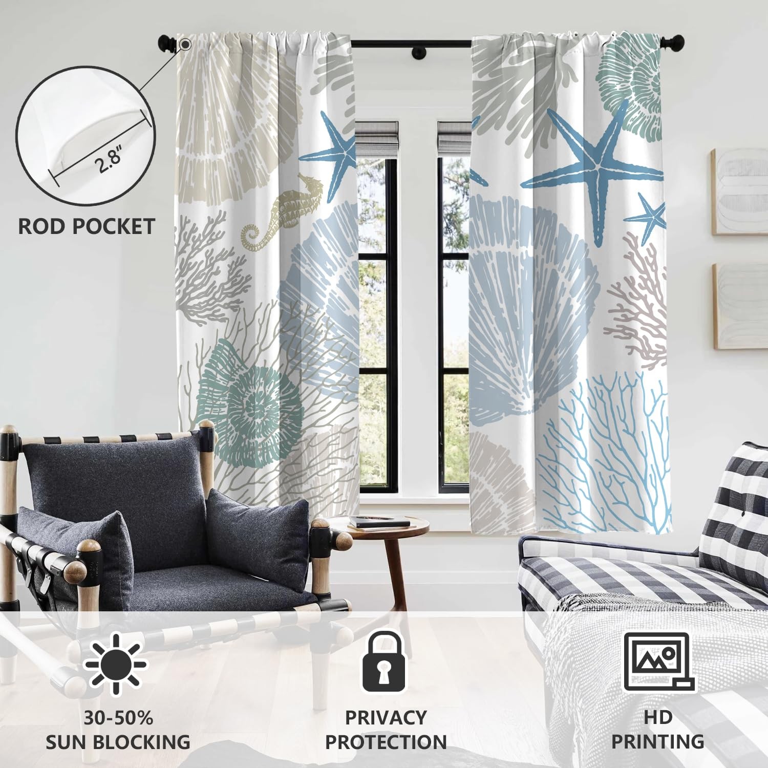 Coastal Nautical Curtains – Beach Seashell Shell Starfish Pattern Ocean Theme…
