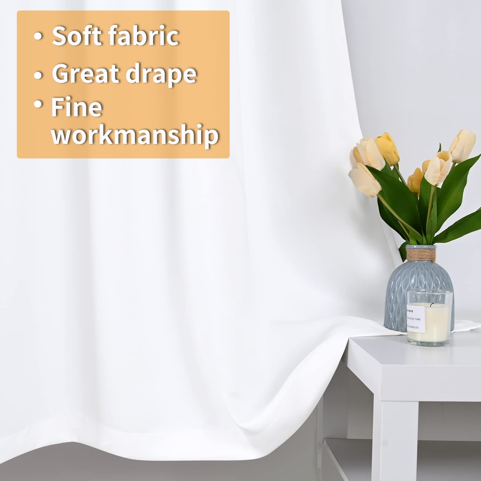 Pure White 100% Blackout Curtains 63 Inches Long for Bedroom