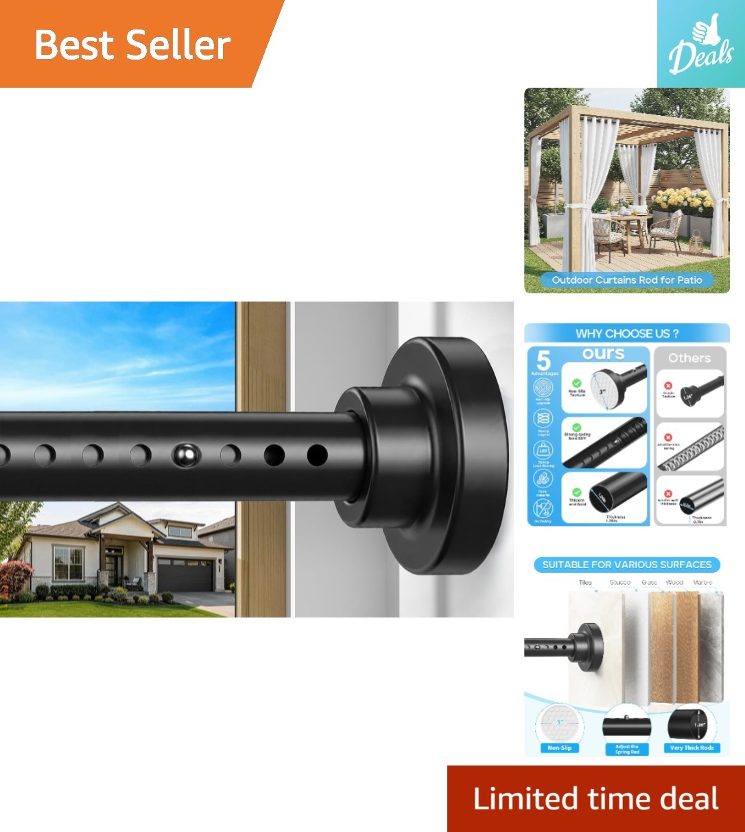 Spring-Loaded Black Tension Rod 40 to 183 Inch – Hassle-Free Curtain Solution