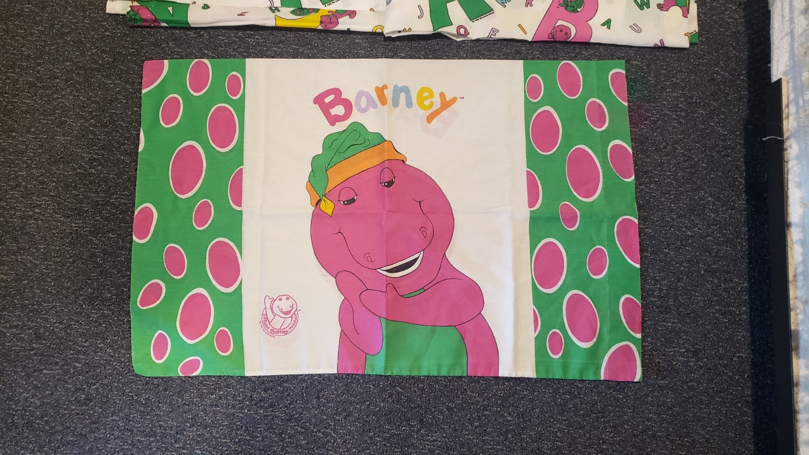 Vintage 1992 Barney Dinosaur Bed Sheets and 2 Curtains 1 Valances Rod Set