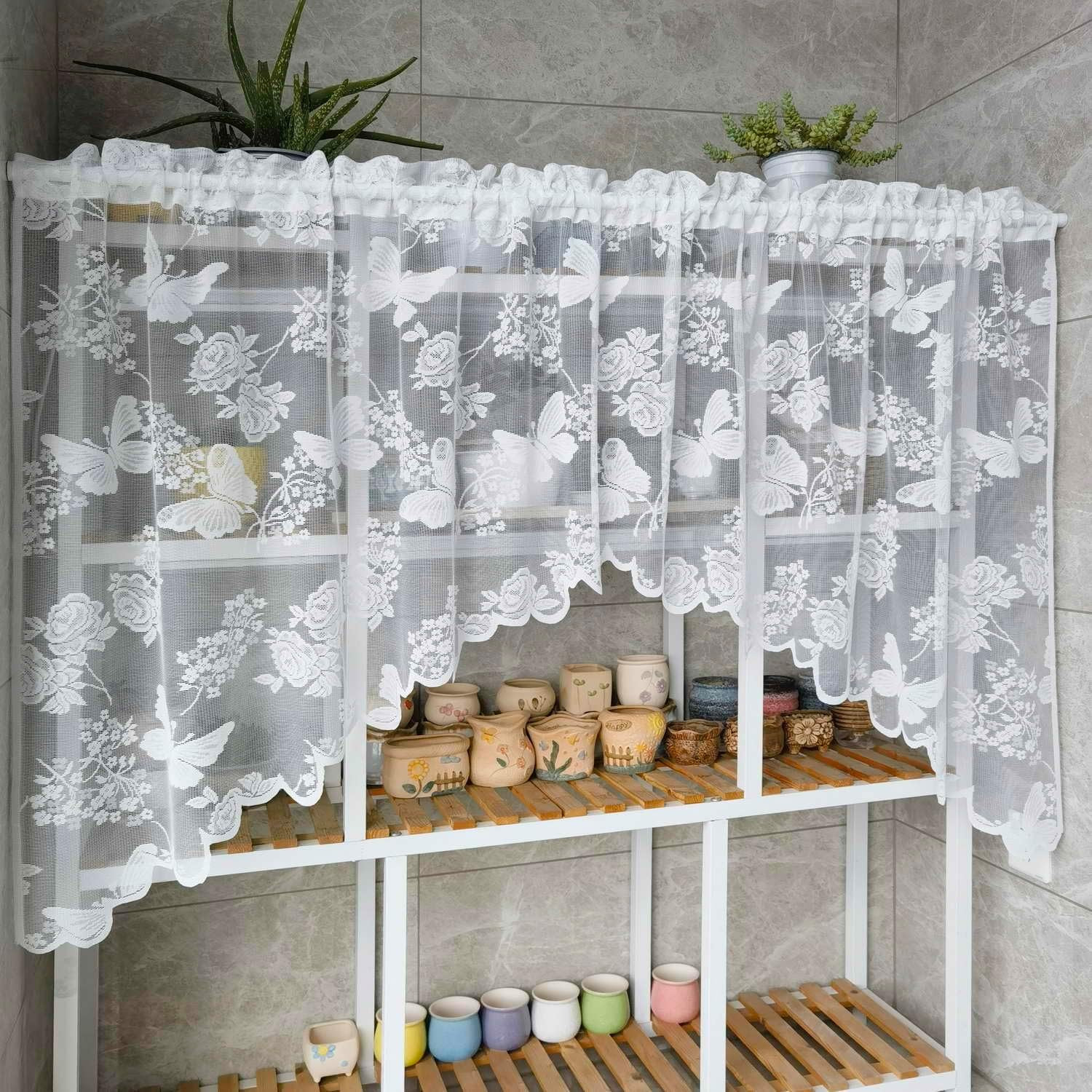 1 Panel White Butterfly Embroidered Arched Lace Sheer Curtain Valance | Floral a