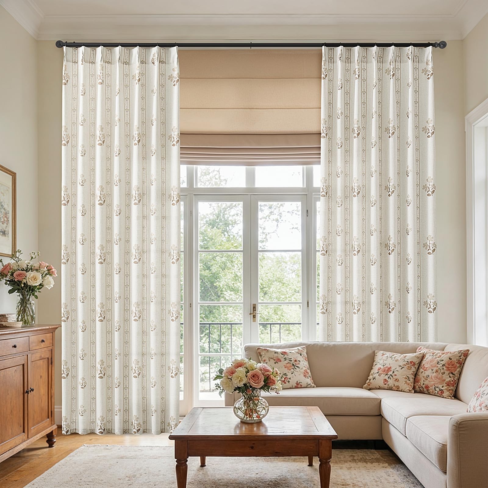 Coffee Pinch Pleated Floral Curtains 84 Inches Long for Living Dining Room Pi…