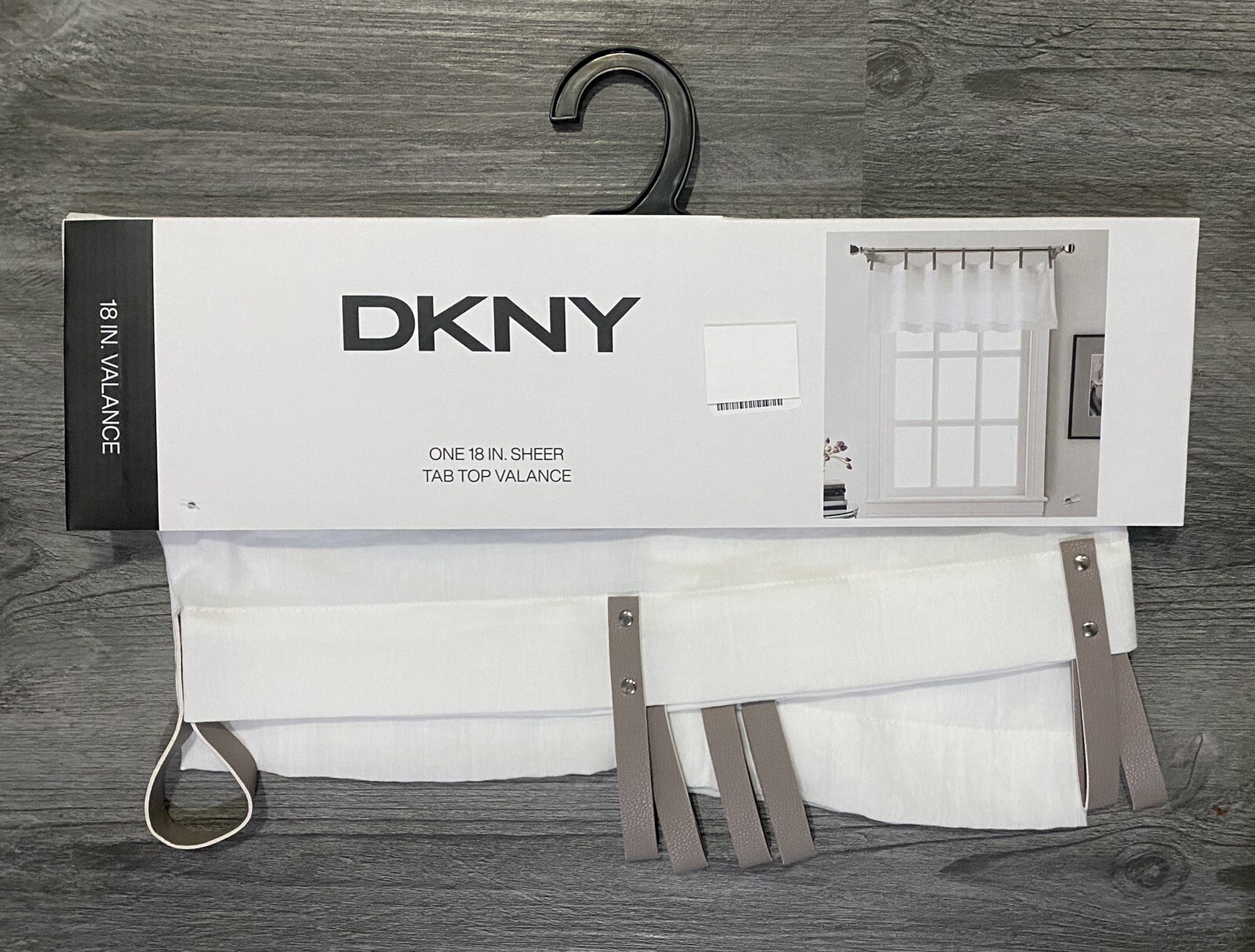 DKNY City Breeze White With Faux Leather Tabs Valance ~ 50 x 18 Window Curtain
