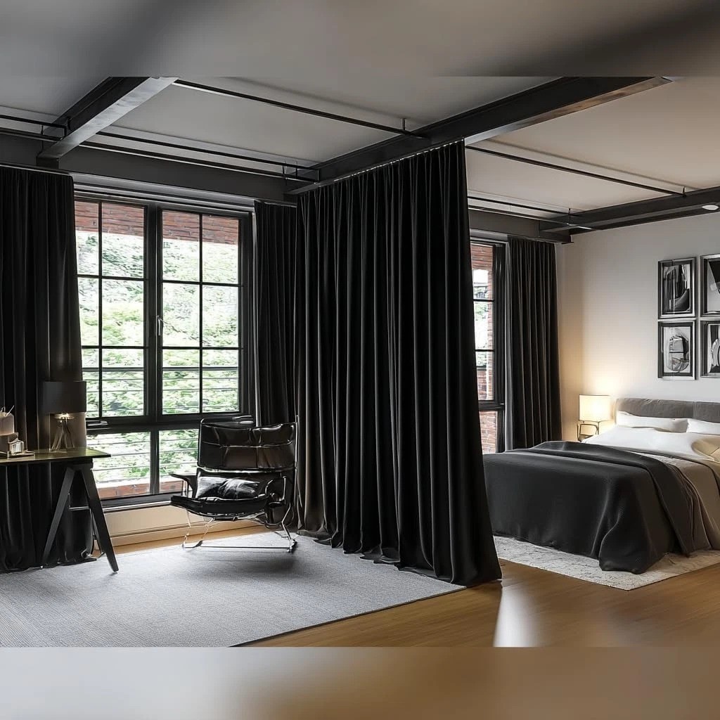Stylish Black Ceiling Track Room Divider Curtains, Noise Reduction 100W x 84L