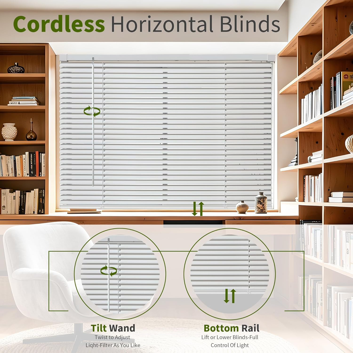 No Tools No Drill 1″ Cordless Mini Blinds, Horizontal Light Filtering Blind, Vin
