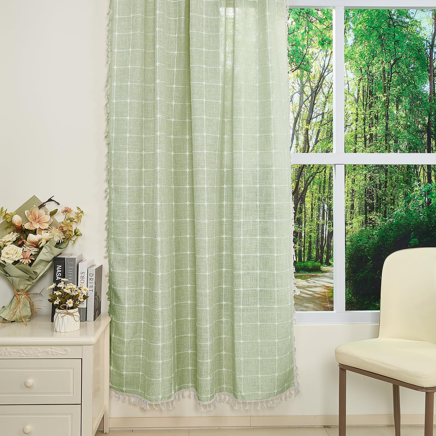 107x160cm Boho Striped Pole Pocket Curtain with Tassel Green Check…
