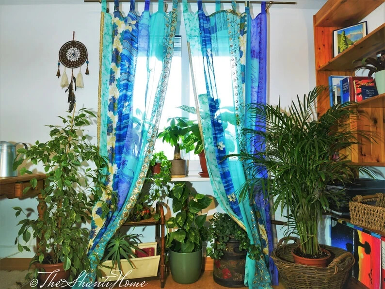 2 Pc Indian Old Recycle Silk Saree Boho Multi Curtain Door Drape Decor Curtain